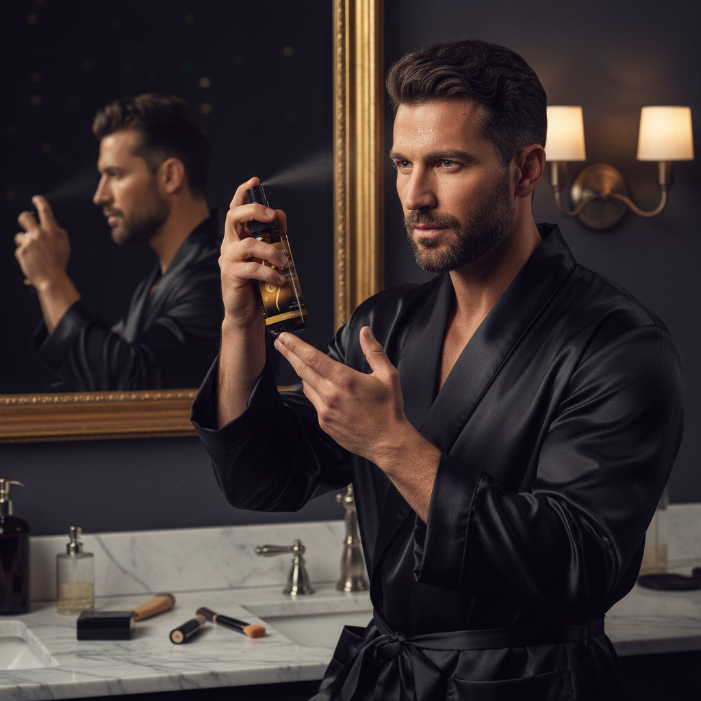 Uomo applica hair growth spray