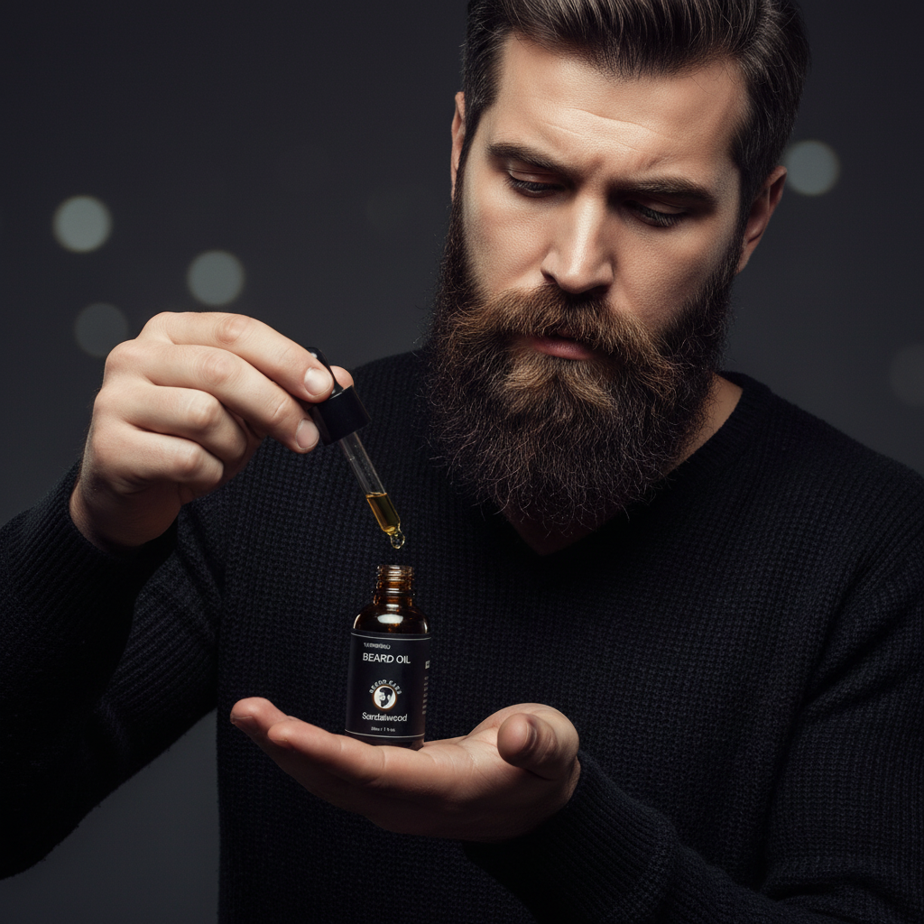 Uomo con barba che applica l'olio