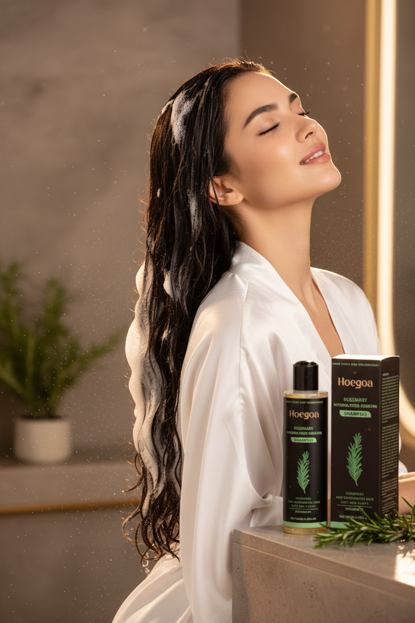 Donna che usa VEYLO WASH - Nourishing Rosemary Shampoo